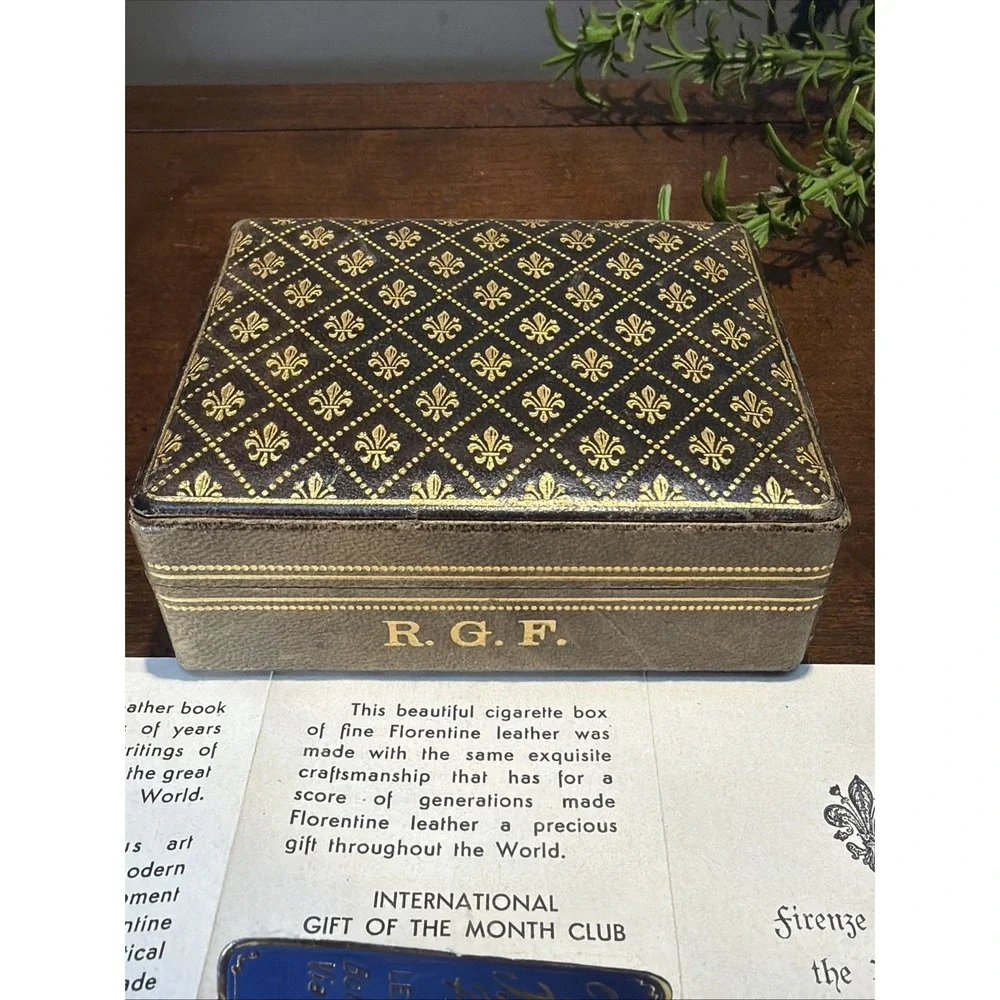 VTG LEATHER & Gold Jewelry Cigarette TRINKET Box FLORENCE Italy Firenze Gold Lea